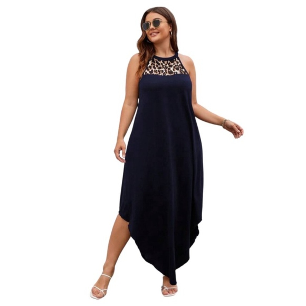 SHEIN Curve Asymmetrical Hem Leopard Print Maxi Midi Dress Black Size 1XL